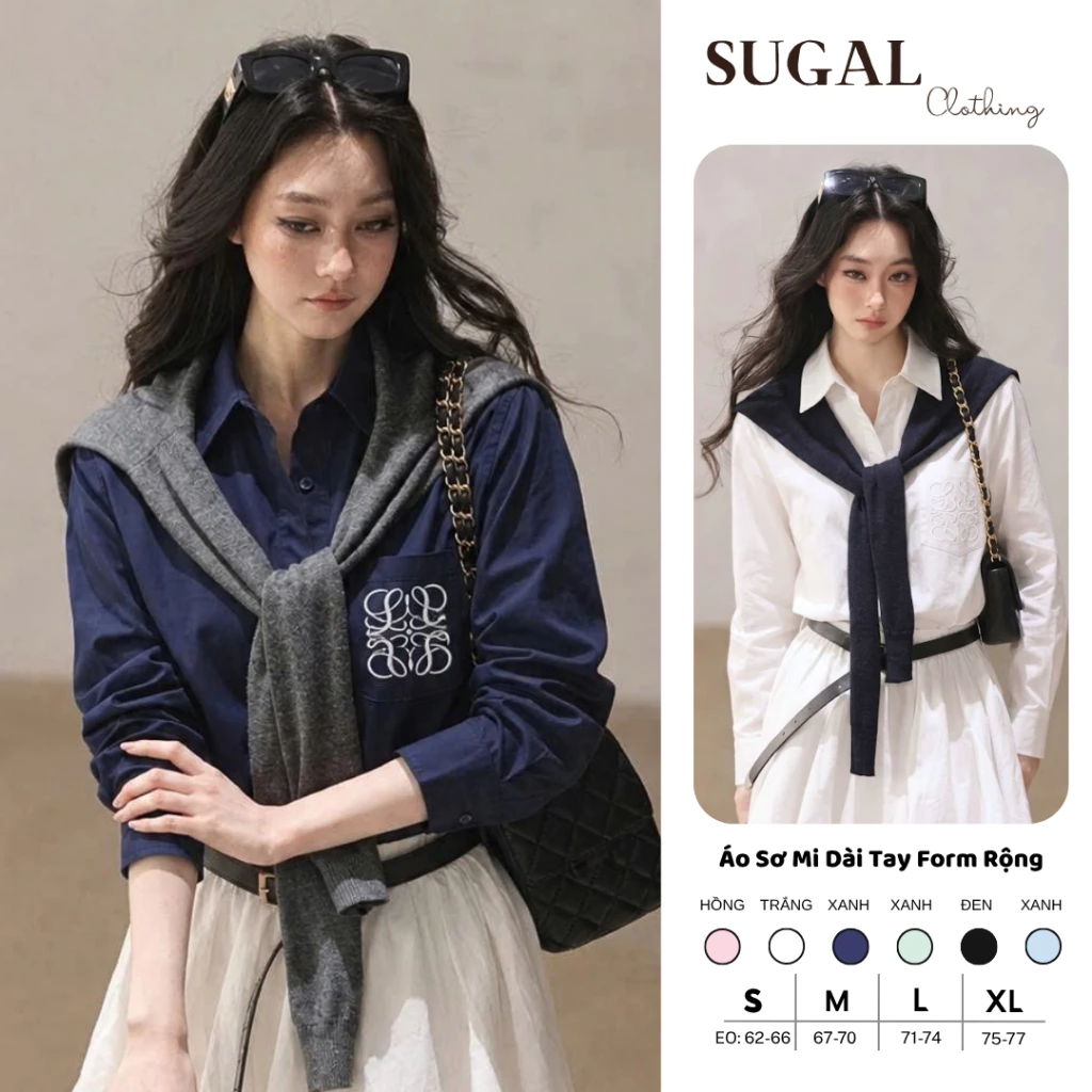 [DEAL MỞ BÁN] SUGAL - Áo Sơ Mi Dài Tay Form Rộng Họa Tiết Thêu Túi - Áo Khoác Sơ Mi Phong Cách Hàn Quốc | SO MI NU 042