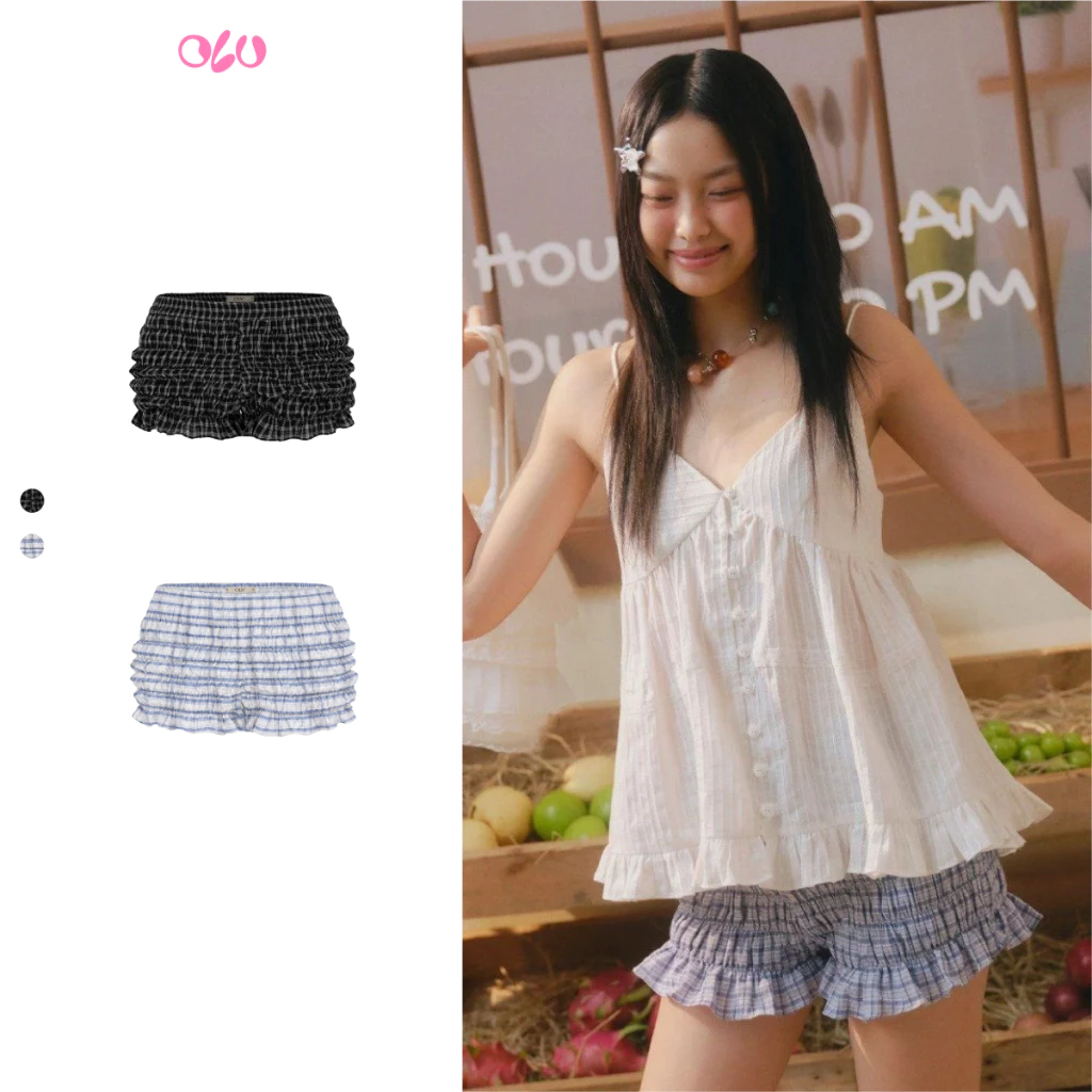 Quần short OLV cotton nhún chun co giãn Cotton Checked Ruffle Shorts nhiều màu trẻ trung năng động
