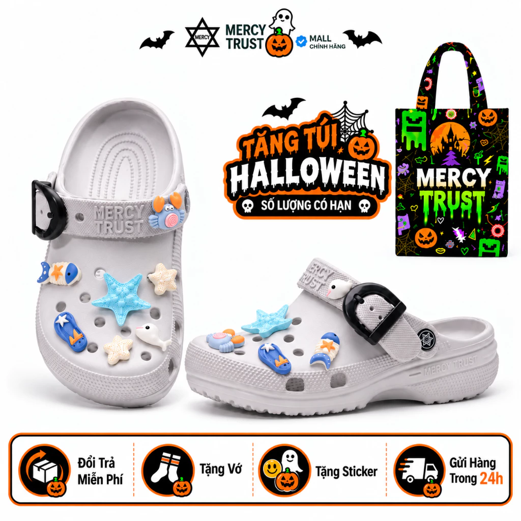 [TẶNG TÚI HALLOWEEN] Kèm Sticker Giống Hình, Vớ MC15 - Dép Sục MERCY TRUST BASIC Quai Khóa Cài Màu Camo Nam Nữ