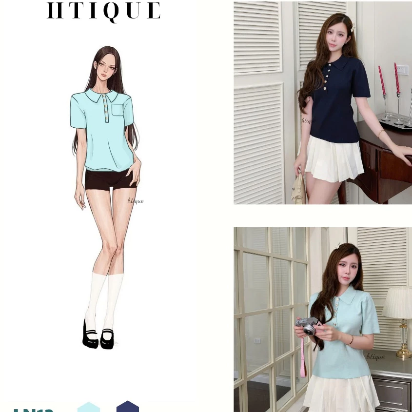 (BACK TO SCHOOL) HTIQUE mở bán Áo Polo Nữ Dệt Kim Cổ Bẻ Thanh Lịch, Áo Len Xanh Ngọc Sáng Da Phối Túi Nữ Tính LN12