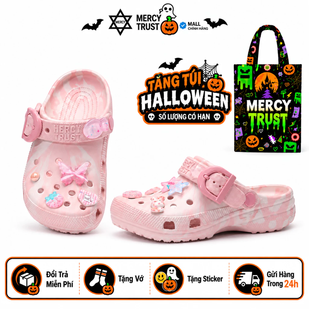 [TẶNG TÚI HALLOWEEN] Kèm Sticker Giống Hình, Vớ - MC15 - Dép Sục MERCY TRUST BASIC Quai Khóa Cá Tính Nam Nữ, Êm Nhẹ