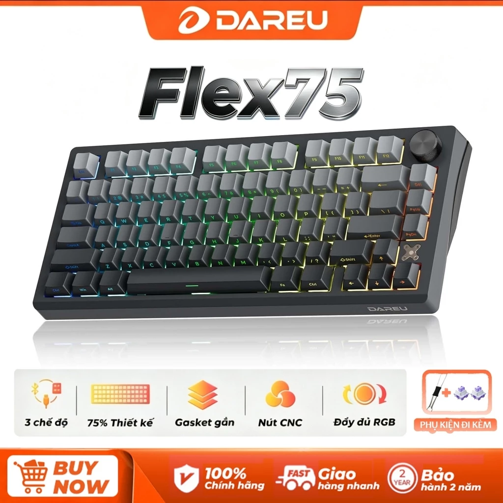 [Cloudy Aqua]Bàn Phím Cơ 3 Mode 75% DAREU FLEX75 Không Dây Nối Bluetooth USB 2.4G Có Núm Vặn Đa Năng có hotswap