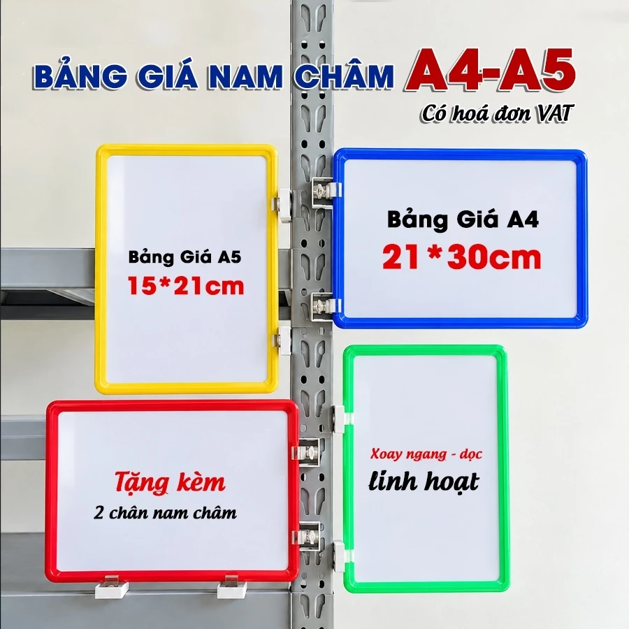 (Có hoá đơn VAT) Khung bảng giá nam châm, Bảng giá nhiều màu A4 A5 nhiều màu - Tặng 2 đế nam châm