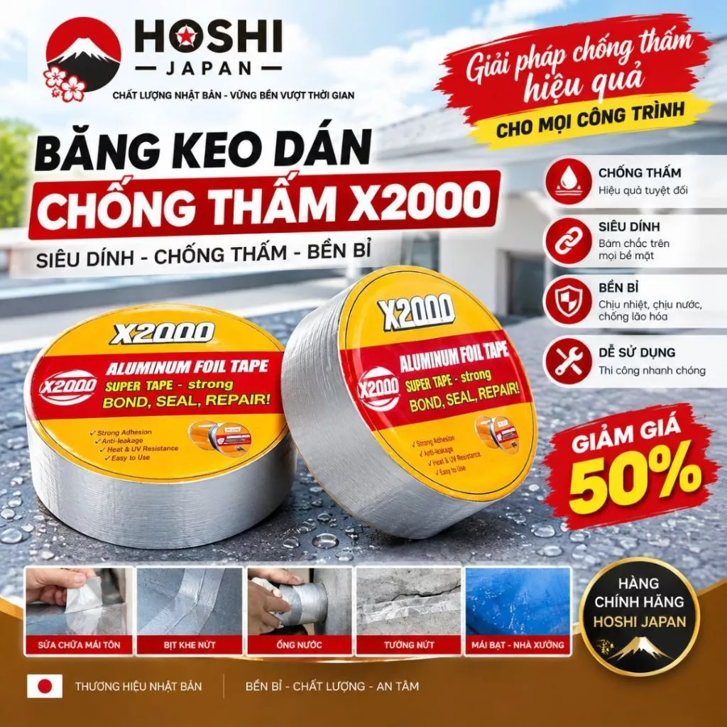 Hàng Chuẩn băng keo chống thấm X2000 nhật bản siêu dính kích thước Rộng 5-10-15-20cm x Dài 5m