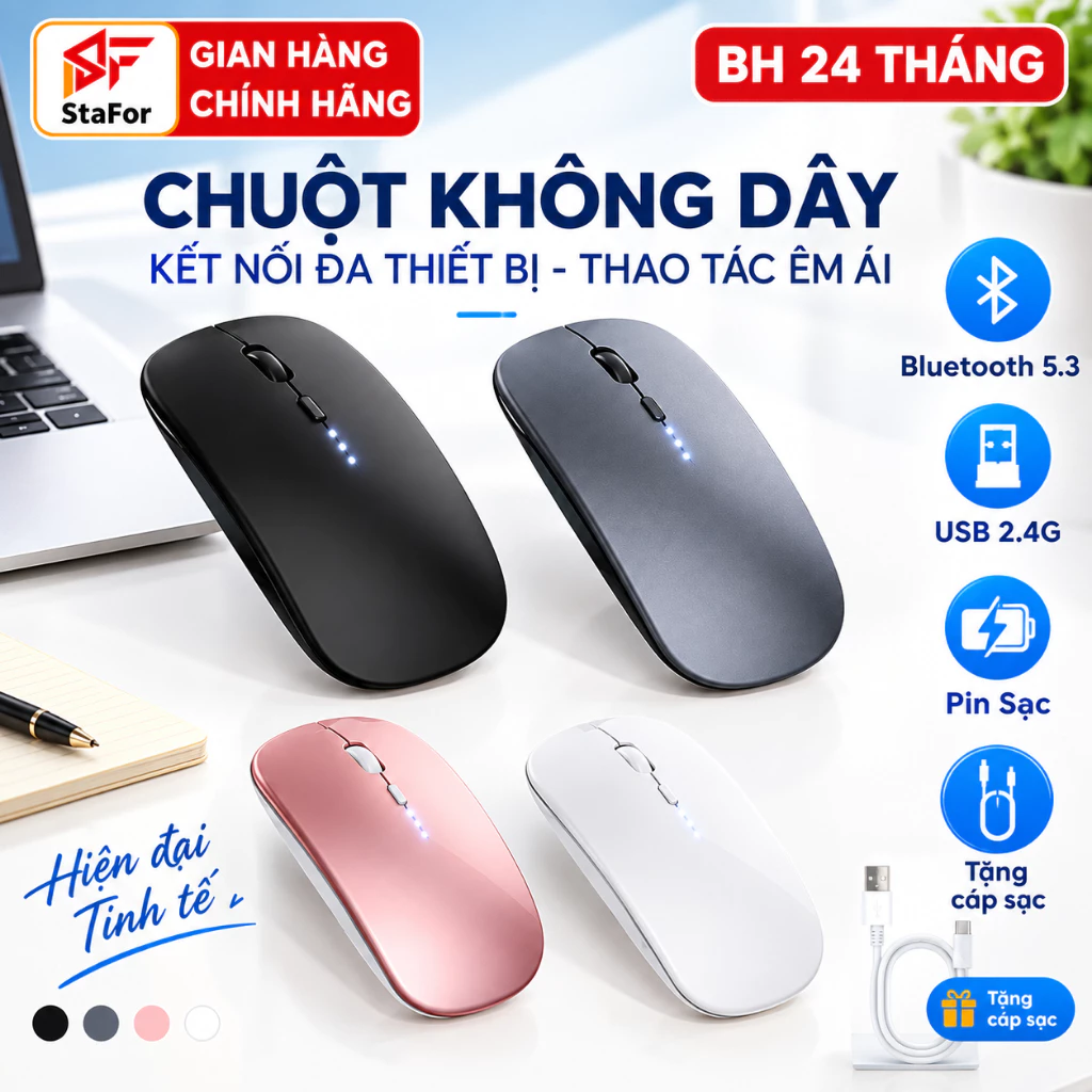 Chuột Ko Dây Bluetooth 2.4G tự sạc pin cao cấp 2 trong 1 chống ồn dùng cho điện thoại,Máy Tính,Laptop, Tablet