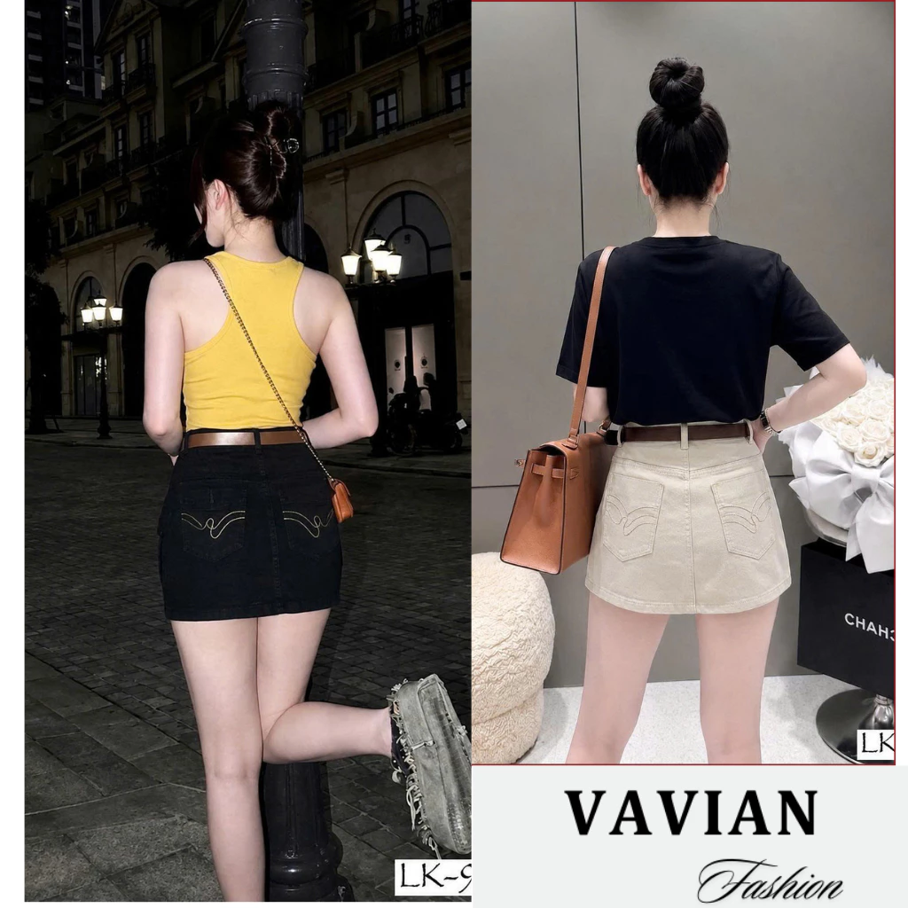 Chân váy Jeans dáng chữ A lưng cao dài 32cm, chất liệu jeans mềm, dày dặn, thiết kế thêu túi siêu xinh.VAVIAN.STORE