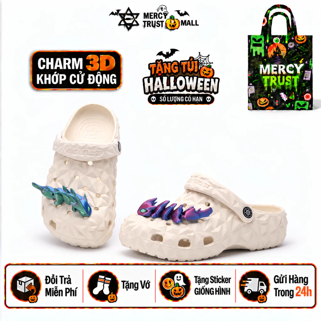 [TẶNG TÚI HALLOWEEN] Kèm Sticker Rồng 3D, Vớ - Dép Sục MERCY TRUST Kim Cương R01 Đúc Xám Marble Nam Nữ Êm Nhẹ
