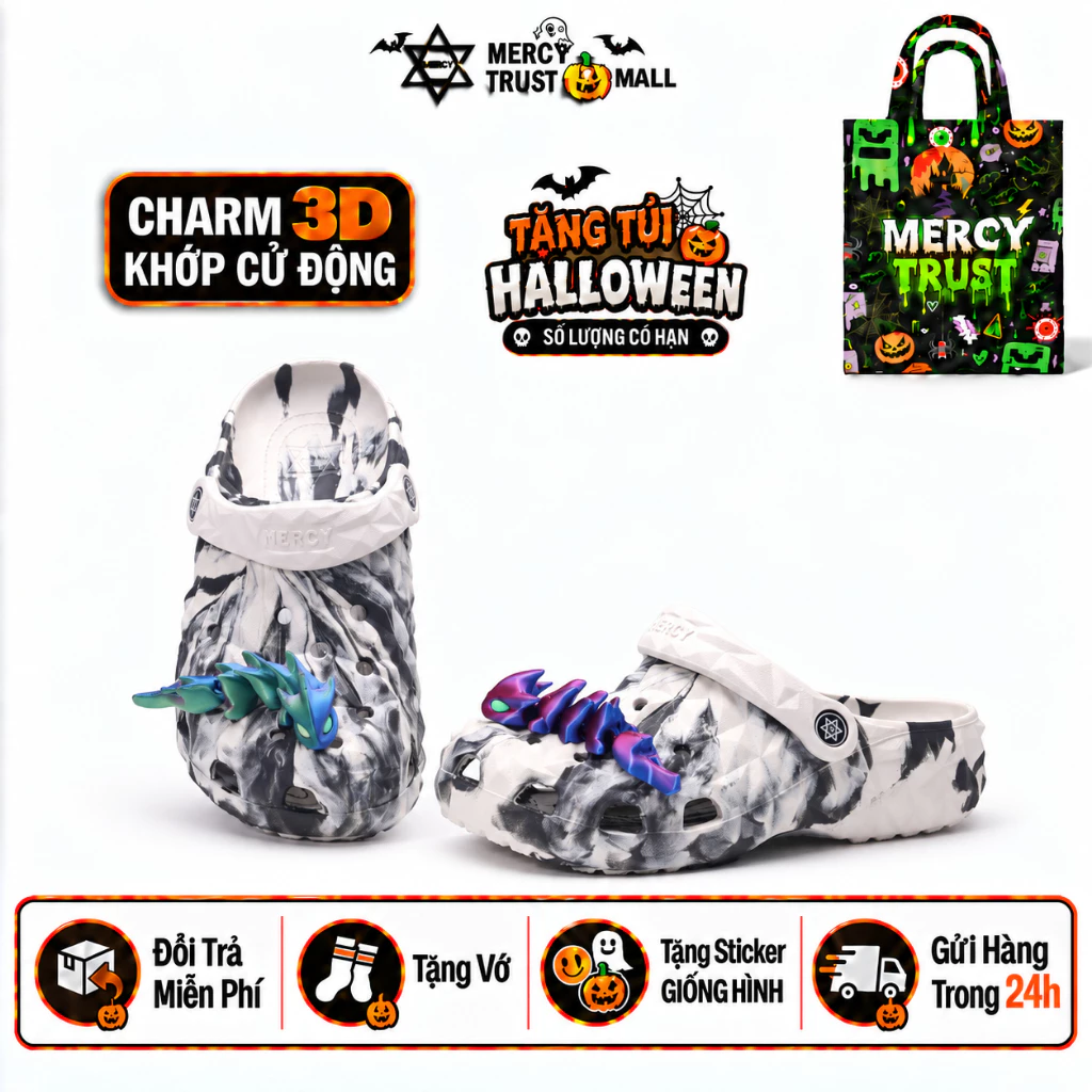[TẶNG TÚI HALLOWEEN] Kèm Sticker Rồng 3D, Vớ - Dép Sục MERCY TRUST Kim Cương R01 Xám Loang Nam Nữ, Dép EVA Êm Nhẹ