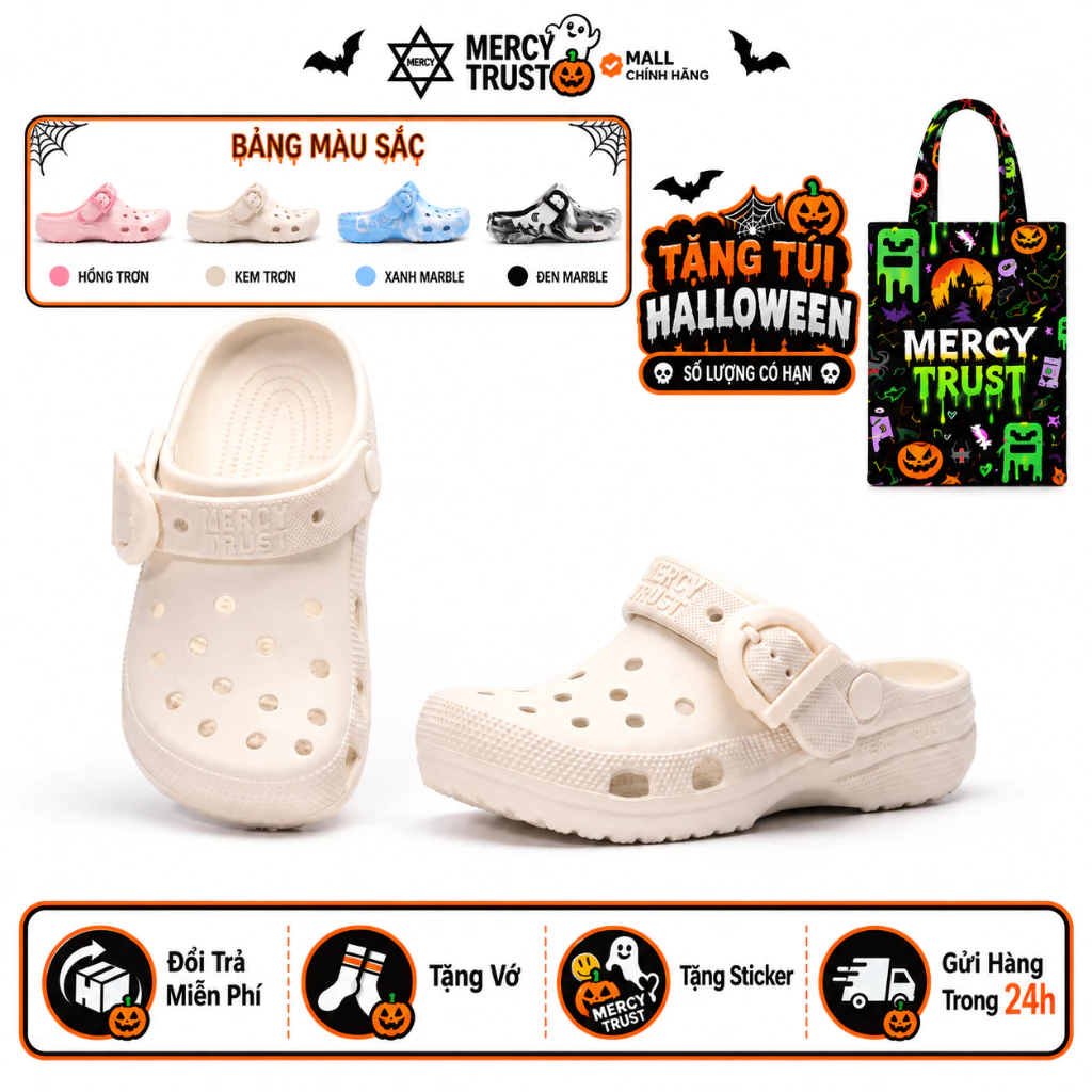 [TẶNG TÚI HALLOWEEN] Kèm Sticker NGẪU NHIÊN+ Vớ -MC15- Dép Sục MERCY TRUST BASIC Kem Quai Khóa Cá Tính Unisex Êm Nhẹ