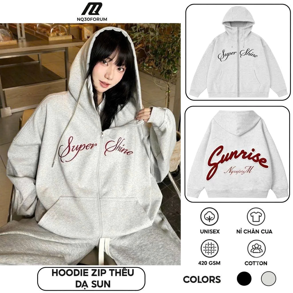 Áo Khoác HD Nam Nữ NQ30 Sunrise Thêu Ngực Unisex HOODIES ZIP Form BOXY  BASIC Vải Mịn Dày