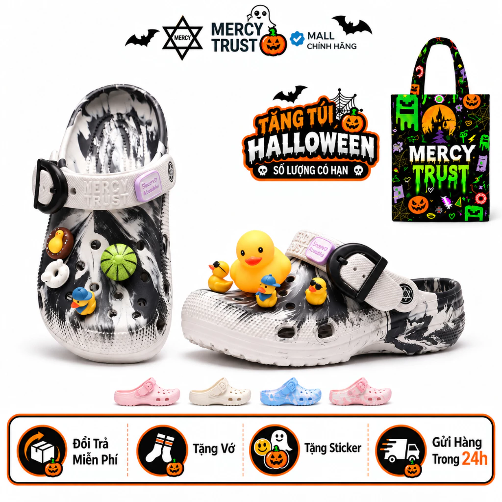 [TẶNG TÚI HALLOWEEN] Kèm Sticker GIỐNG HÌNH, Vớ -MC15- Dép Sục MERCY TRUST BASIC Quai Khóa Cá Tính Nam Nữ, Êm Nhẹ