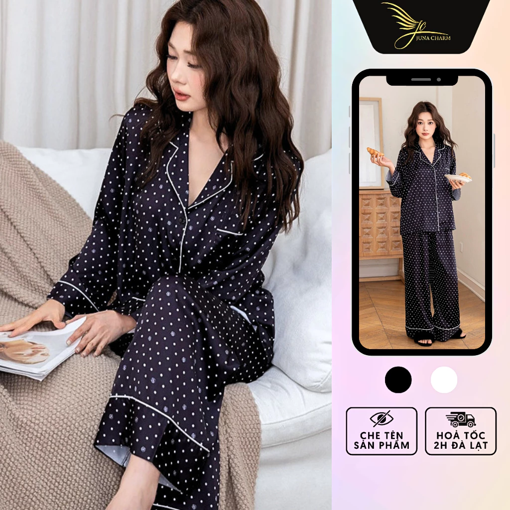 Bộ Pijama Mặc Nhà, Đồ Bộ Dài Họa Tiết JUNA Freesize Thời Trang Đồ Ngủ Dành Cho Nữ, Chất Vải Lụa Cao Cấp, Màu Đen/SP6717
