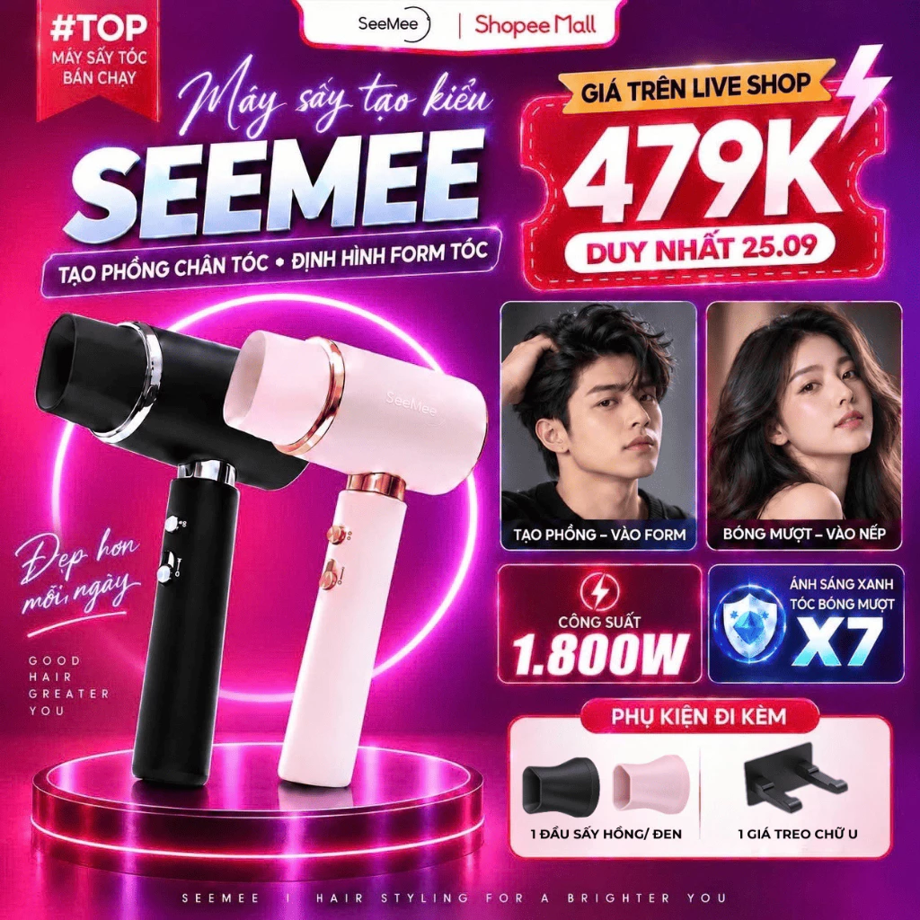 [GIÁ 423K TẠI LIVE SHOP] Máy sấy tóc nóng lạnh công suất cao Seemee, sấy khô và tạo kiểu nhanh chóng bảo vệ tóc, LIS