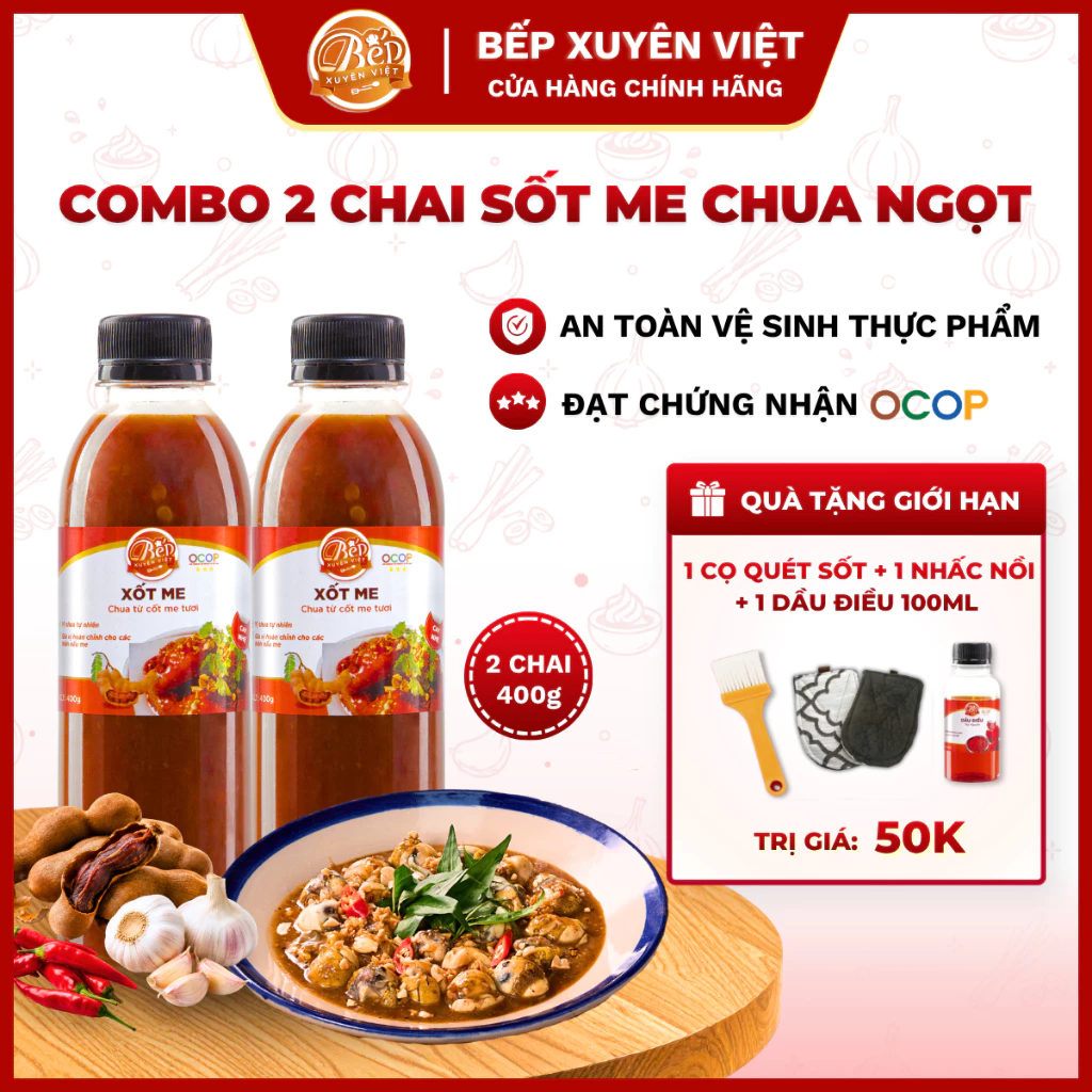 [HỎA TỐC]Combo 2 chai Sốt Me Chua Ngọt dùng cho gà chiên, gỏi cuốn, thịt nướng chấm sốt me Bếp Xuyên Việt 400gr, me tươi