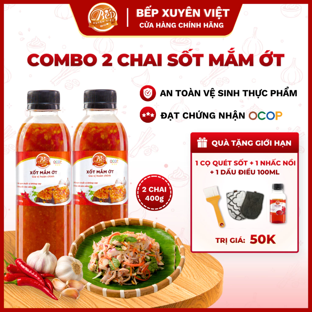 [HỎA TỐC]Combo 2 chai Sốt Mắm Ớt, sốt cho gà chiên, cá chiên, trộn gỏi, chấm thịt luộc, sốt mắm tỏi Bếp Xuyên Việt 400g,