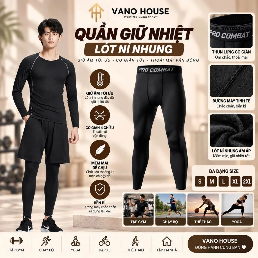 Quần Giữ Nhiệt Nam Dài Lót Nỉ Nhung Chuyên Tập Gym, Chạy Bộ, Đá Bóng Chất Liệu Thun Co Dãn