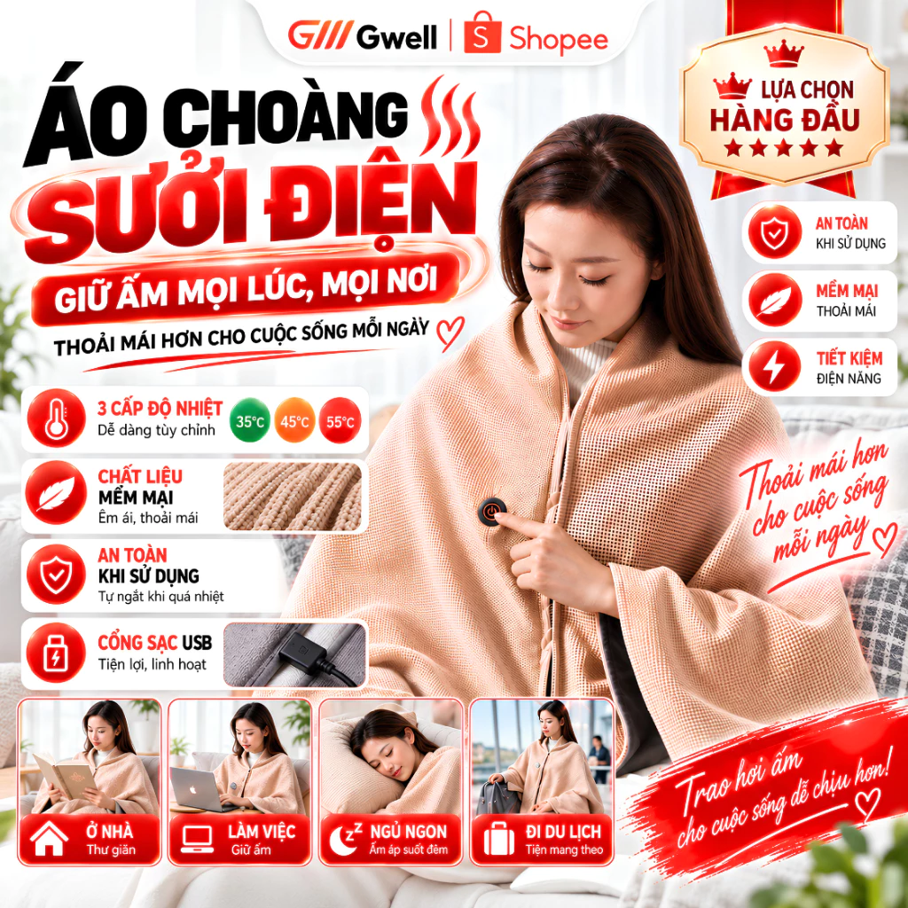 Áo Choàng Sưởi Điện GWELL Chăn Sưởi Giữ Ấm Mùa Đông Điều Chỉnh Nhiệt Sạc USB