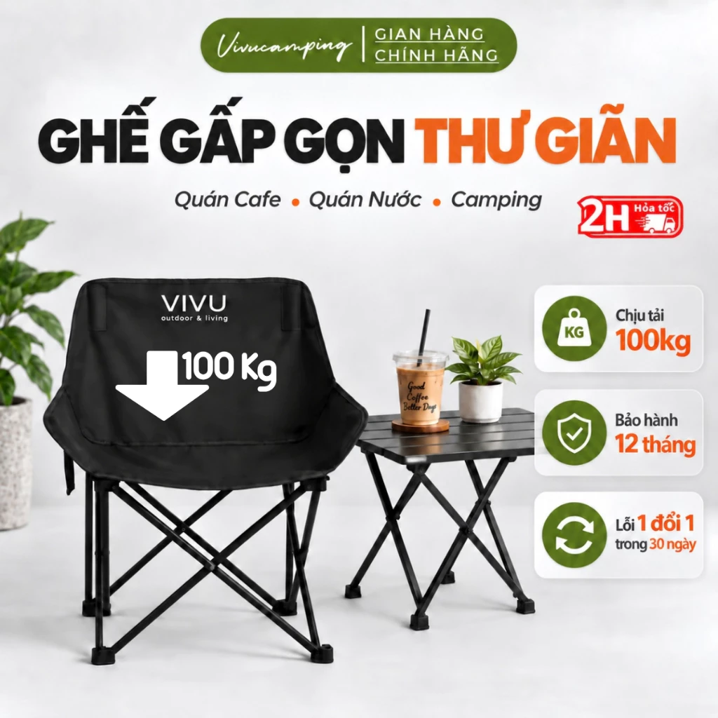 Ghế Cafe Gấp Gọn Vivucamping, Ghế Cắm Trại Dã Ngoại Thư Giãn, Ghế Câu Cá Chịu Trọng Tải Lớn 100kg - Bảo Hành 12 Tháng