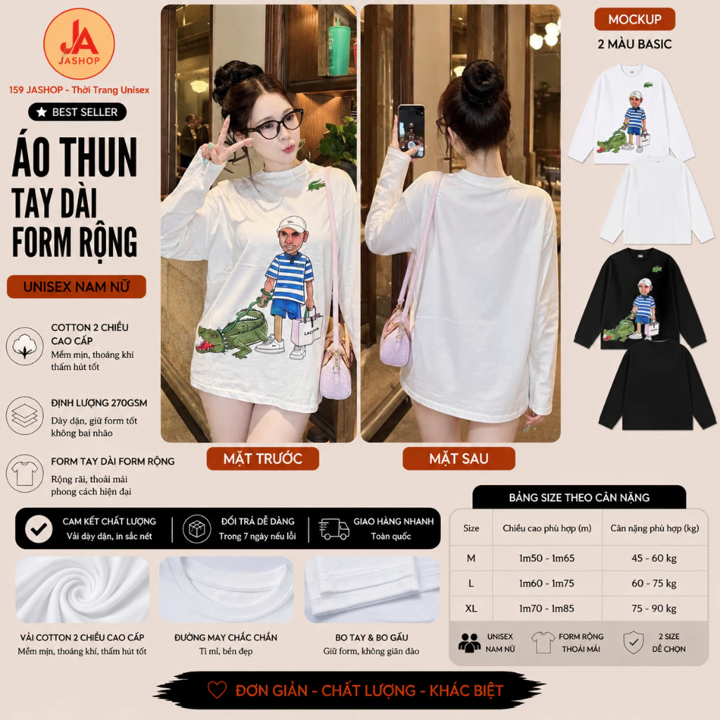 Áo thun tay dài nam nữ form rộng unisex Cá Sấu mũ trắng chất cotton 2 chiều cao cấp đl 270gsm JAsHOP