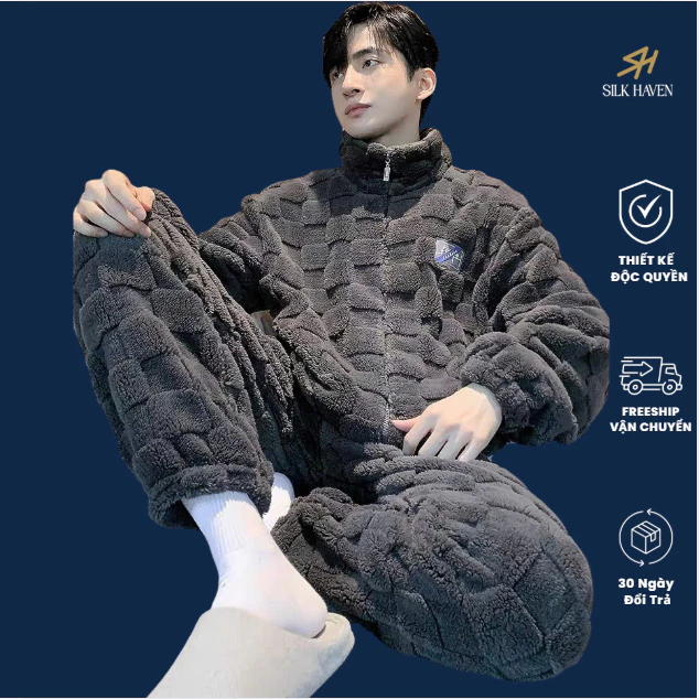 Bộ Đồ Ngủ  Lông Cừu San Hô hai mặt  - SILK HAVEN- Đồ Bộ mặc nhà mùa đông cho nam  -Có size 110kg