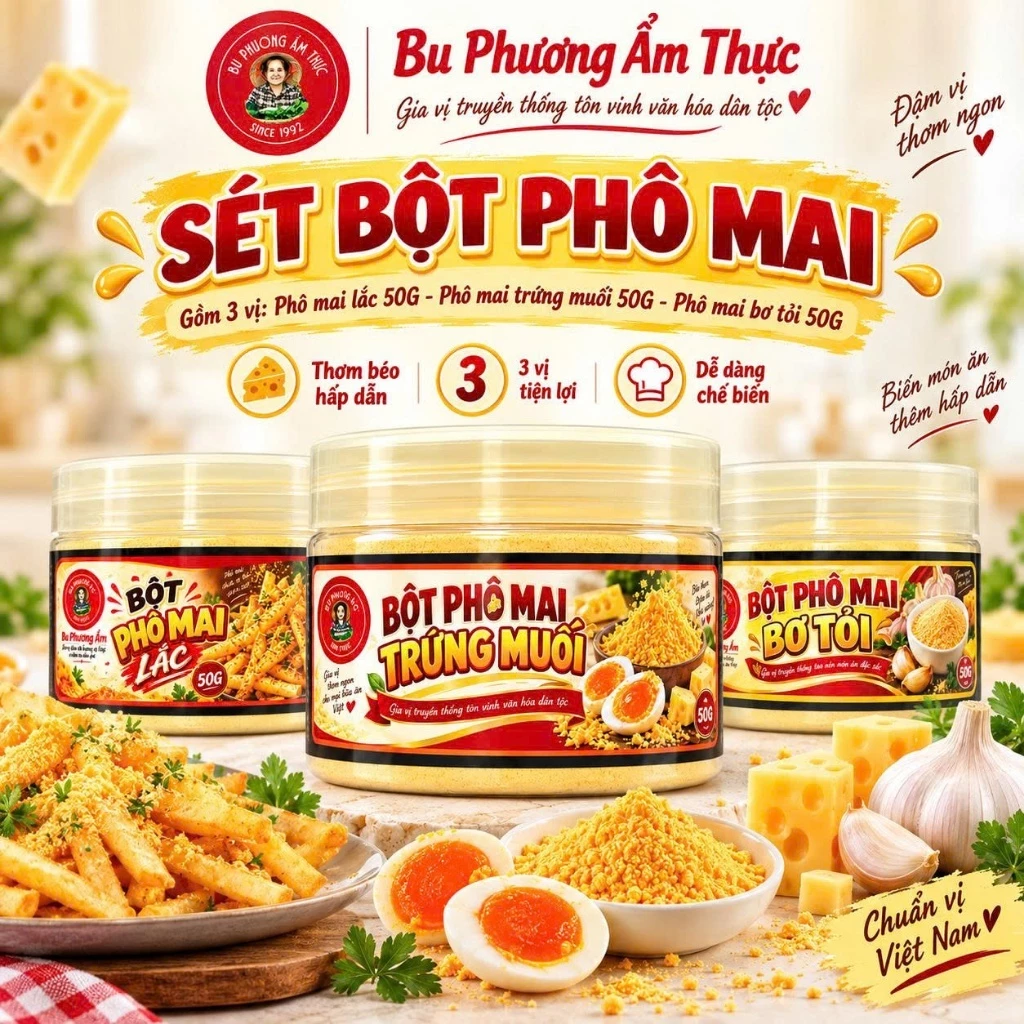 Sét Bột Phô Mai 3 Hương Vị - Thương Hiệu Bu Phương Ẩm Thực (Vị Truyền Thống, Trứng Muối, Bơ Tỏi)