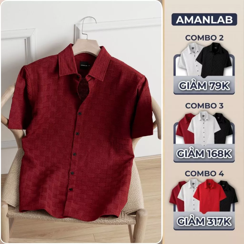 Áo sơ mi nam ngắn tay, áo cọc tay, vải cotton xốp dập nổi họa tiết, form regular Rattan AMANLAB