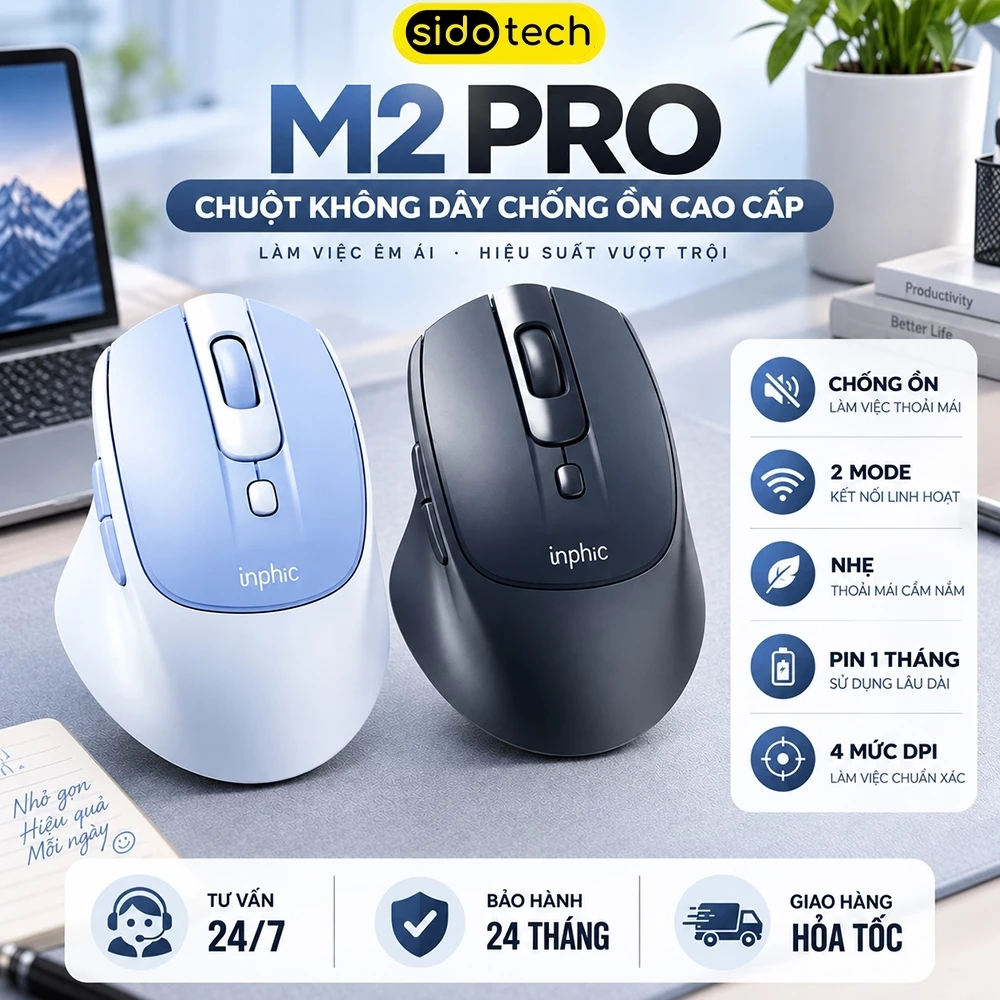 Chuột không dây bluetooth pin sạc SIDOTECH INPHIC M2PRO tắt âm chống ồn văn phòng 6 nút gaming công thái học laptop pc