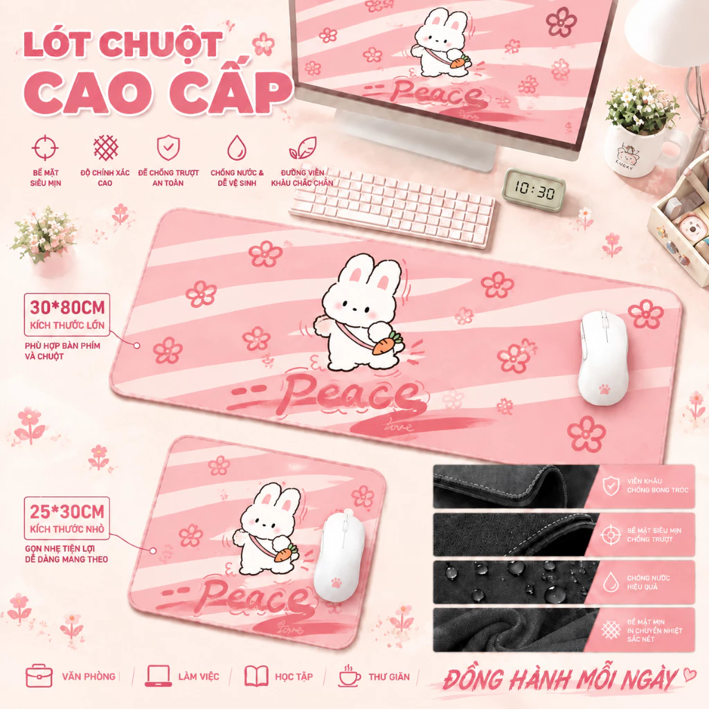 Lót chuột Peace họa tiết thỏ màu hồng kích thước 30x80cm chống trượt bề mặt siêu mịn