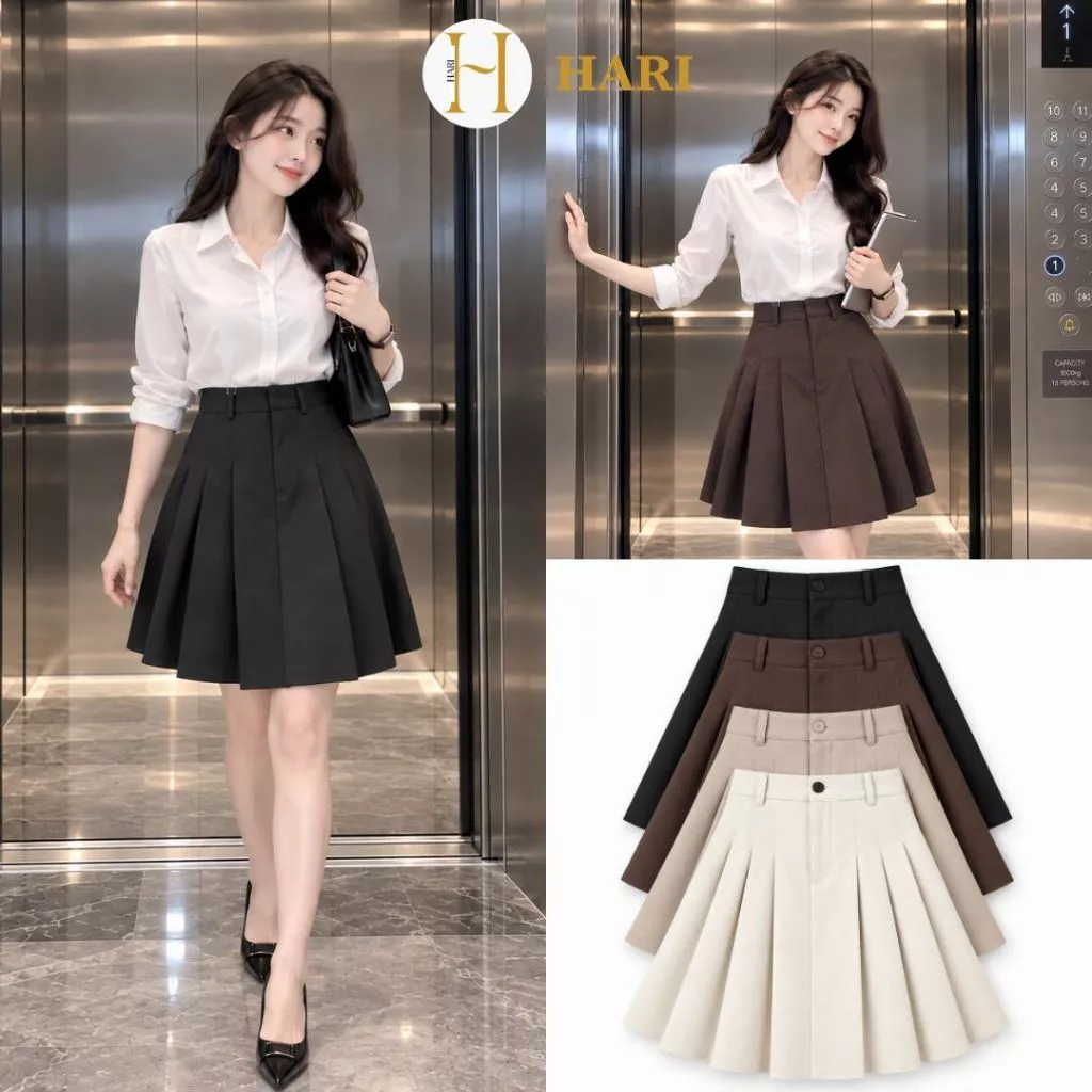 Chân Váy Nữ Xếp Ly Dáng Xòe Cạp Cao Công Sở, Váy Ngắn Trên Gối Thanh Lịch Tôn Dáng Phong Cách Hàn Quốc Hari 1021