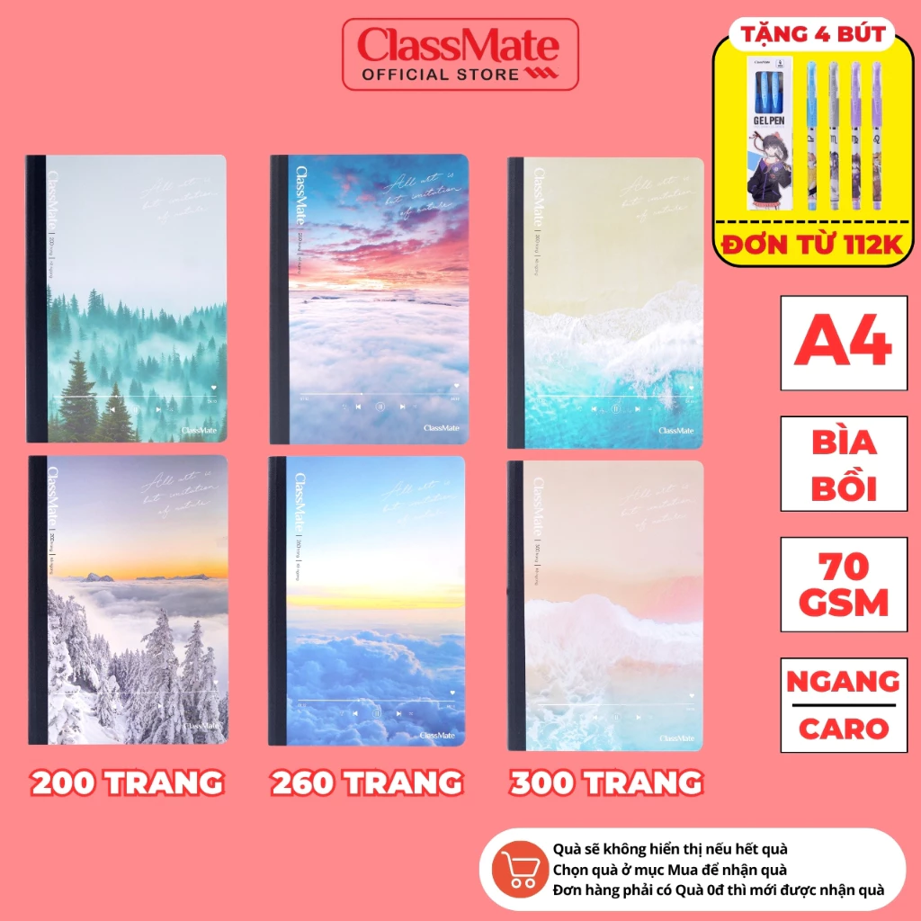 [112K Tặg 4 Bút] Vở Kẻ Ngang A4 Bìa Cứng Classmate Sổ Giáo Án 200/260/300 Trang Vở Caro 70gsm May Gáy Giáo Viên Học Sinh