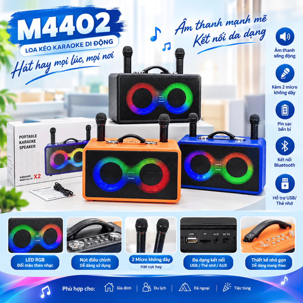 Loa Bluetooth Karaoke Mini KAW K9 Cực Chất, Bass Sâu, Pin Trâu, Âm Thanh Trầm, Nghe Nhạc Xem Phim, Tặng Kèm 2 Mic