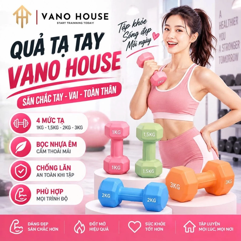 [1 Đôi] Tạ Cầm Tay VANO HOUSE 1kg 1.5kg 2kg 3kg Bọc Nhựa Cao Cấp, Tập Gym Yoga Tại Nhà Chống Trơn Chống Lăn
