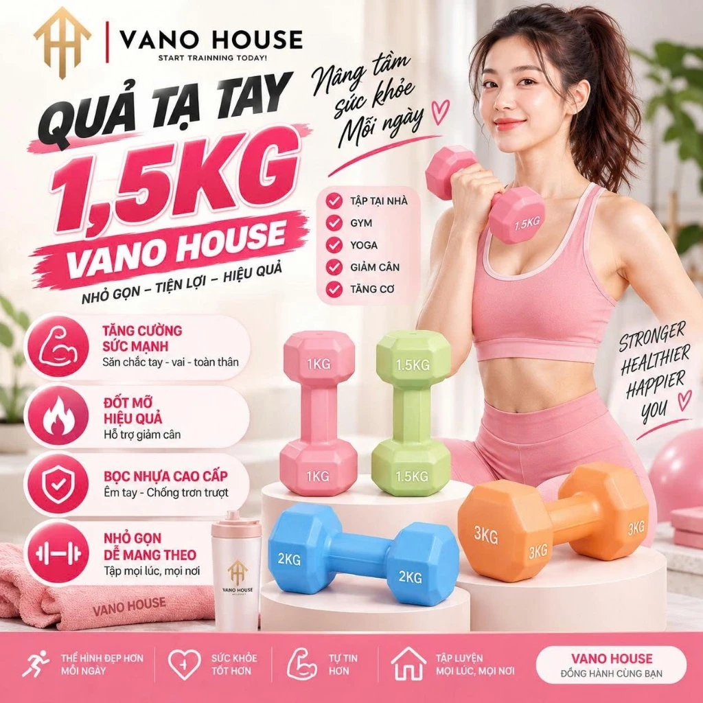 [1 Đôi] Tạ Cầm Tay VANO HOUSE 1,5kg Bọc Nhựa Cao Cấp, Tập Gym Yoga Tại Nhà Chống Trơn Chống Lăn