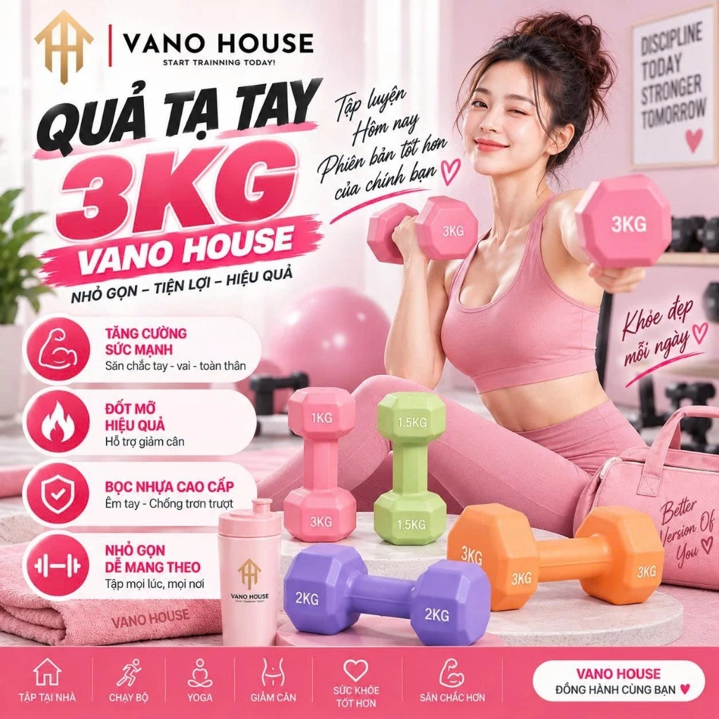 [1 Đôi] Tạ Cầm Tay VANO HOUSE 3kg Bọc Nhựa Cao Cấp, Tập Gym Yoga Tại Nhà Chống Trơn Chống Lăn