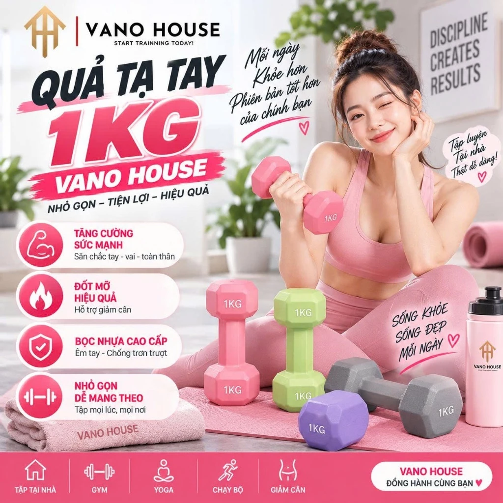 [1 Đôi] Tạ Cầm Tay VANO HOUSE 1kg Bọc Nhựa Cao Cấp, Tập Gym Yoga Tại Nhà Chống Trơn Chống Lăn