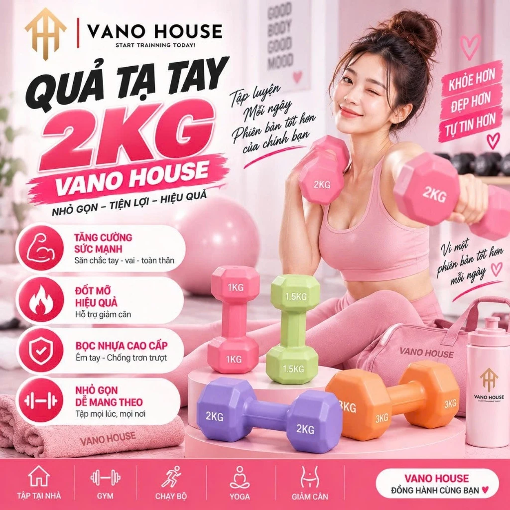 [1 Đôi] Tạ Cầm Tay VANO HOUSE 2kg Bọc Nhựa Cao Cấp, Tập Gym Yoga Tại Nhà Chống Trơn Chống Lăn