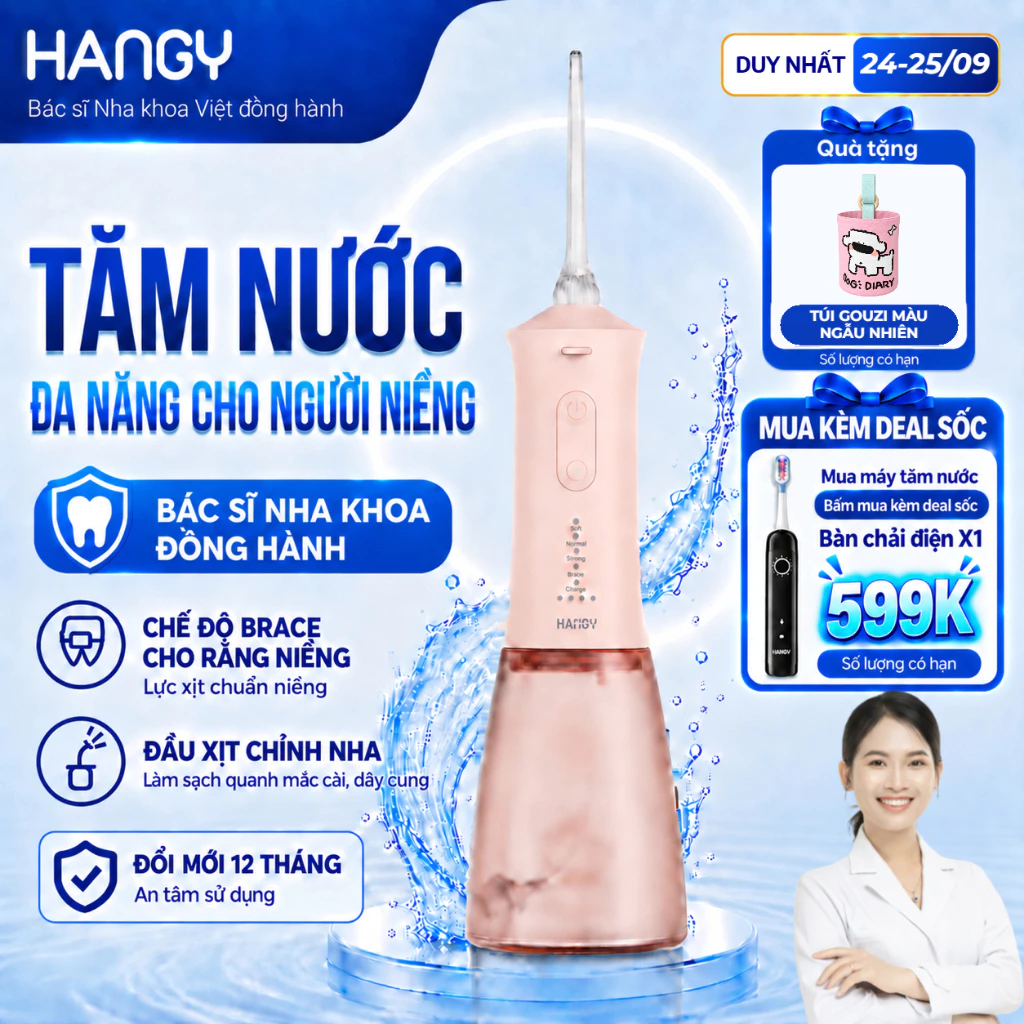 Máy tăm nước cầm tay cho răng niềng HANGY HN26 – Tia êm 3s, Sạch sâu kẽ răng, Bình 350ml