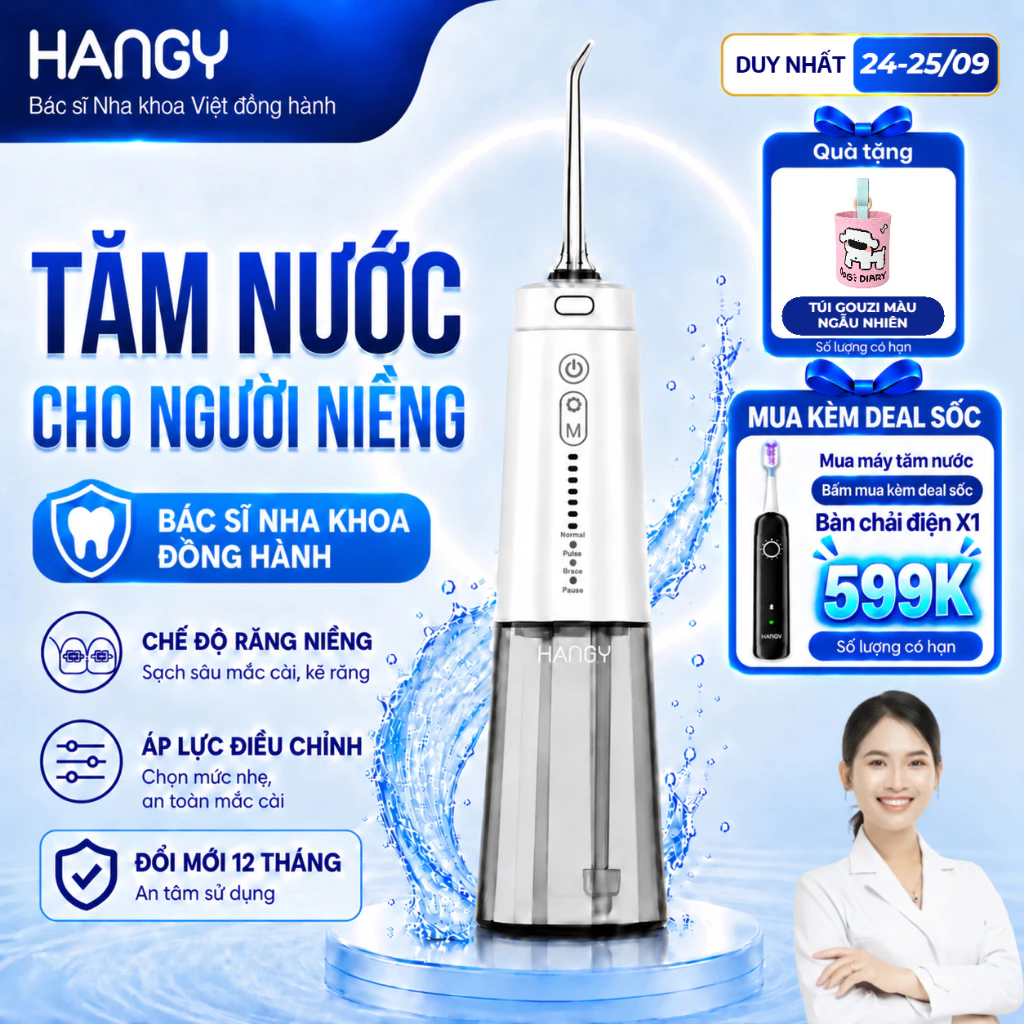 Máy tăm nước HANGY HG23 & HN26 cho răng niềng - Tia nước êm dịu - Đổi mới trong 12 tháng