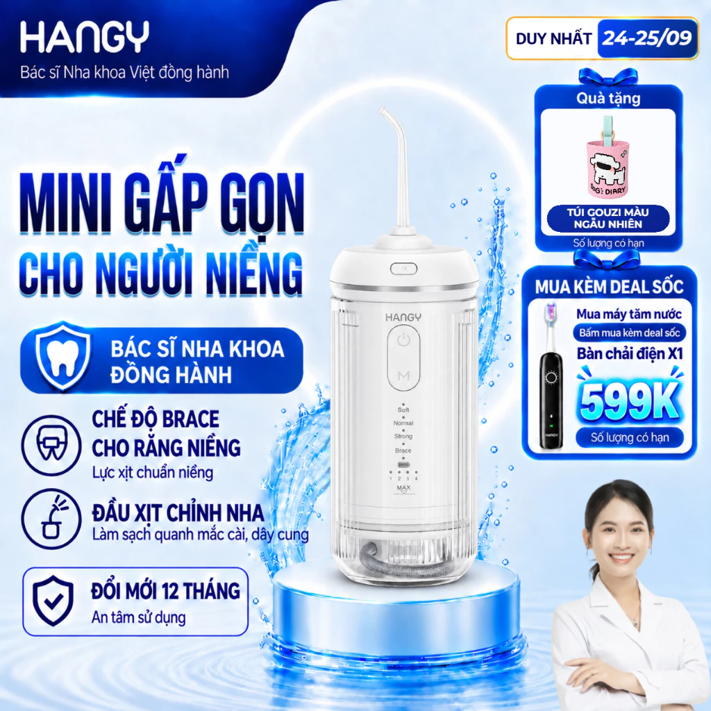 Máy tăm nước HANGY O16 & HM06 gấp gọn cầm tay, chế độ riêng cho răng niềng - Đổi mới 12 tháng