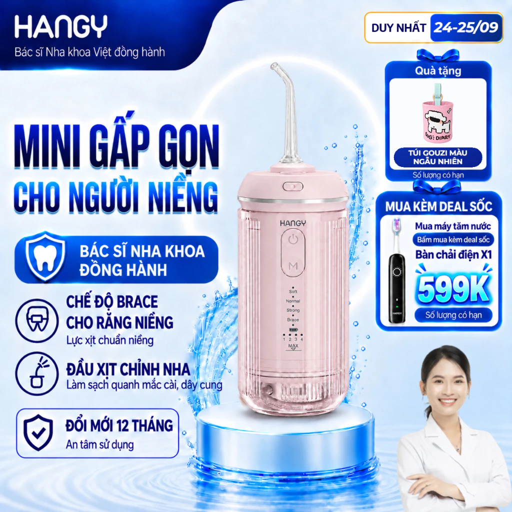 Máy tăm nước cho răng niềng HANGY O16 & HM06, Mini gấp gọn, 4 chế độ, Làm sạch kẽ răng