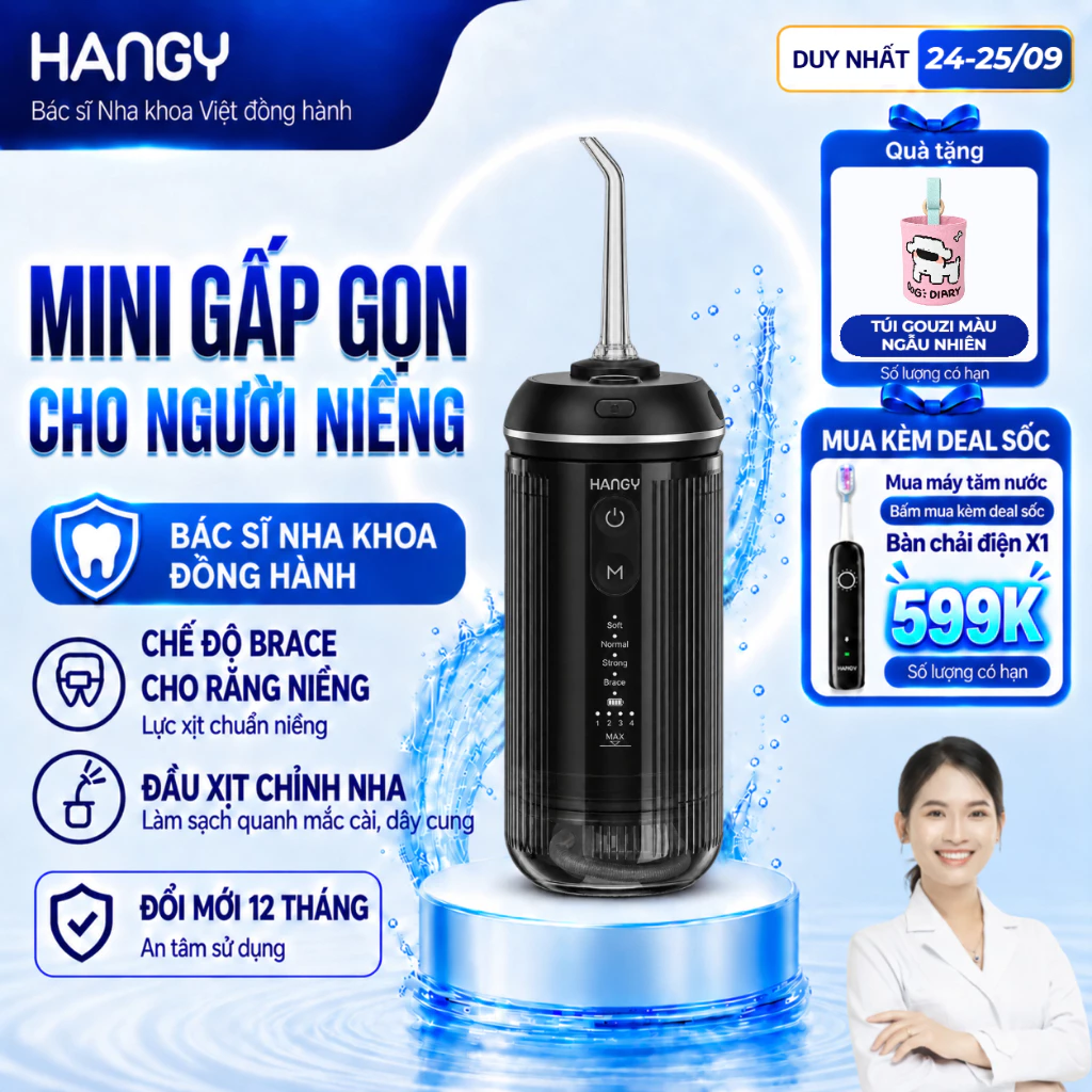 Máy tăm nước mini HANGY HM06 cho người niềng răng, gấp gọn cầm tay, 4 chế độ, chống nước IPX7