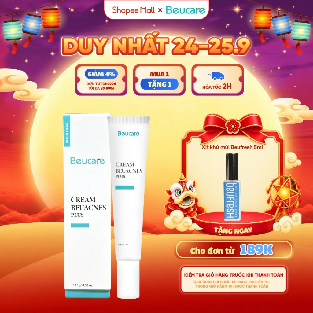 Kem giảm mụn nhanh 24h BEUACNES PLUS mụn trứng cá, chiết xuất rau má, hỗ trợ mờ thâm mụn 15g