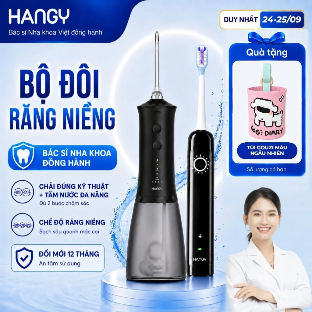 [Combo] Máy tăm nước HANGY HN26 & Bàn chải điện X1 - Tia Nước 3S Êm Dịu, Cảm Biến Nhấc Là Tỉnh