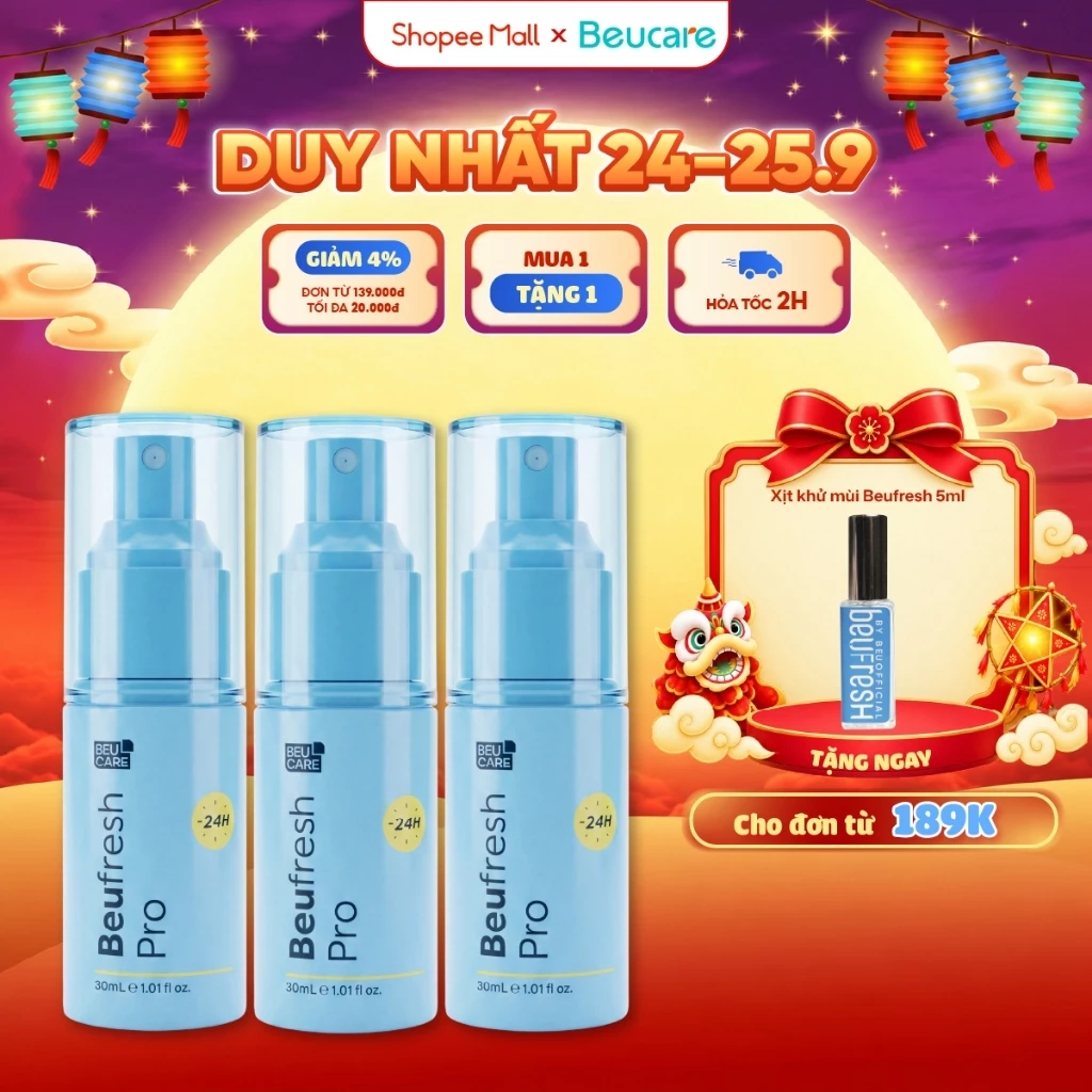 Combo 3 Xịt khử mùi toàn thân, lăn khử mùi BEUFRESH ngăn tiết mồ hôi, hạn chế mùi cơ thể 30ml