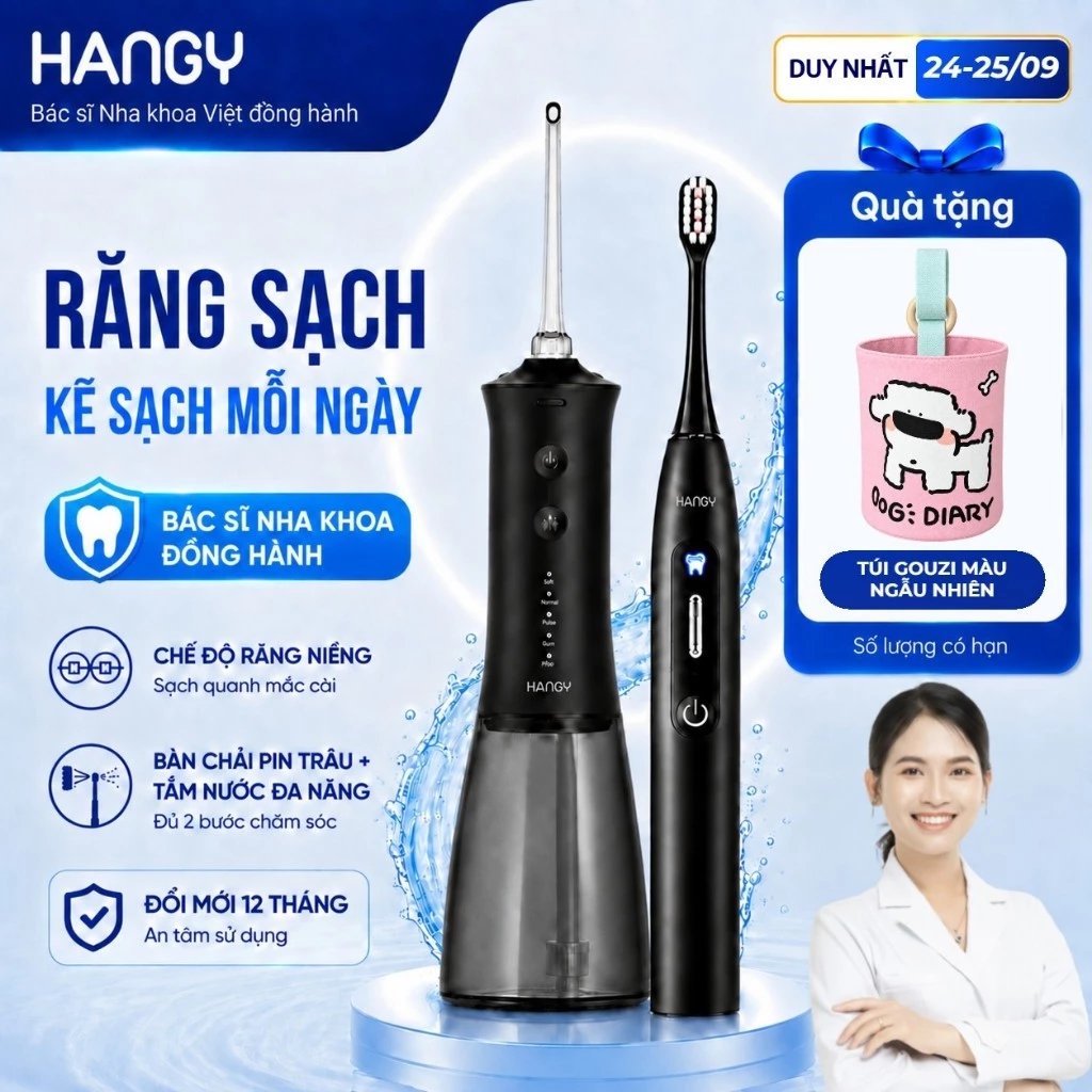 [Combo] Máy tăm nước HANGY HN26 & Bàn chải điện H1 Pro - Công nghệ 3s êm dịu, Sạch sâu kẽ răng