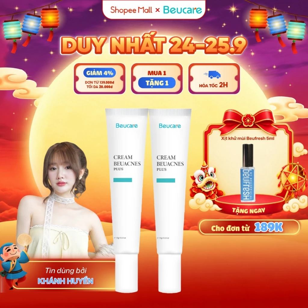 Combo 2 kem giảm mụn nhanh 24h BEUACNES PLUS mụn trứng cá, chiết xuất rau má, hỗ trợ mờ thâm mụn 15g