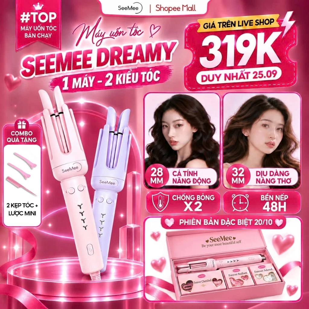 [GIÁ 319K LIVE ECOGO] Máy uốn tóc làm xoăn tự động Seemee lọn 28mm 32mm, set quà tặng nữ 20/10 SEEMEE LOVEBOX, KOL