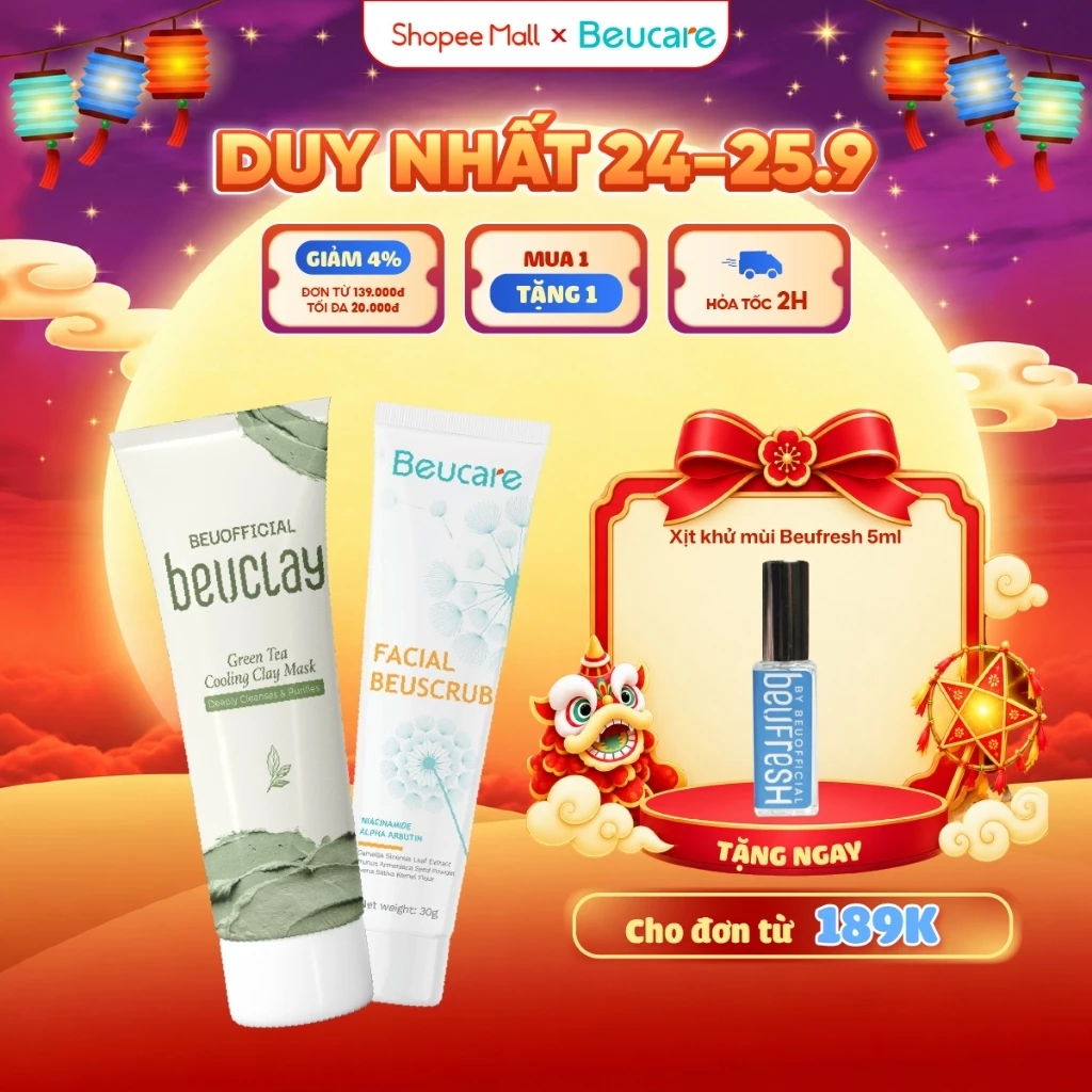 Combo Mặt nạ đất sét BEUCLAY trà xanh sáng da + Tẩy tế bào chết BEUSCRUB size mini 30g