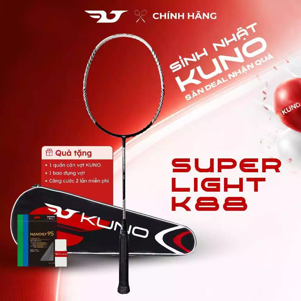 Vợt cầu lông KUNO Super Light K88 Chính Hãng Carbon 6U Công Thủ Toàn Diện Căng Sẵn Cước, Tặng Quấn Cán Và Túi Đựng Vợt