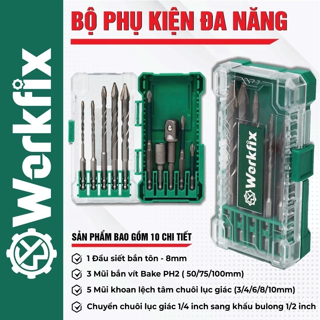 Bộ Phụ Kiện 10 Món Đa Năng Workfix WF-PK10M, Gồm Mũi Khoan, Mũi Vít, Mũi Bắn Tôn, Siết Mở Bulong. mũi vít bake
